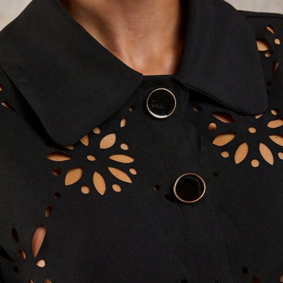 Black Women's Laser Cut Long Sleeve Single-Breasted Blouse And Loose Shorts set - Picture 6 of 6